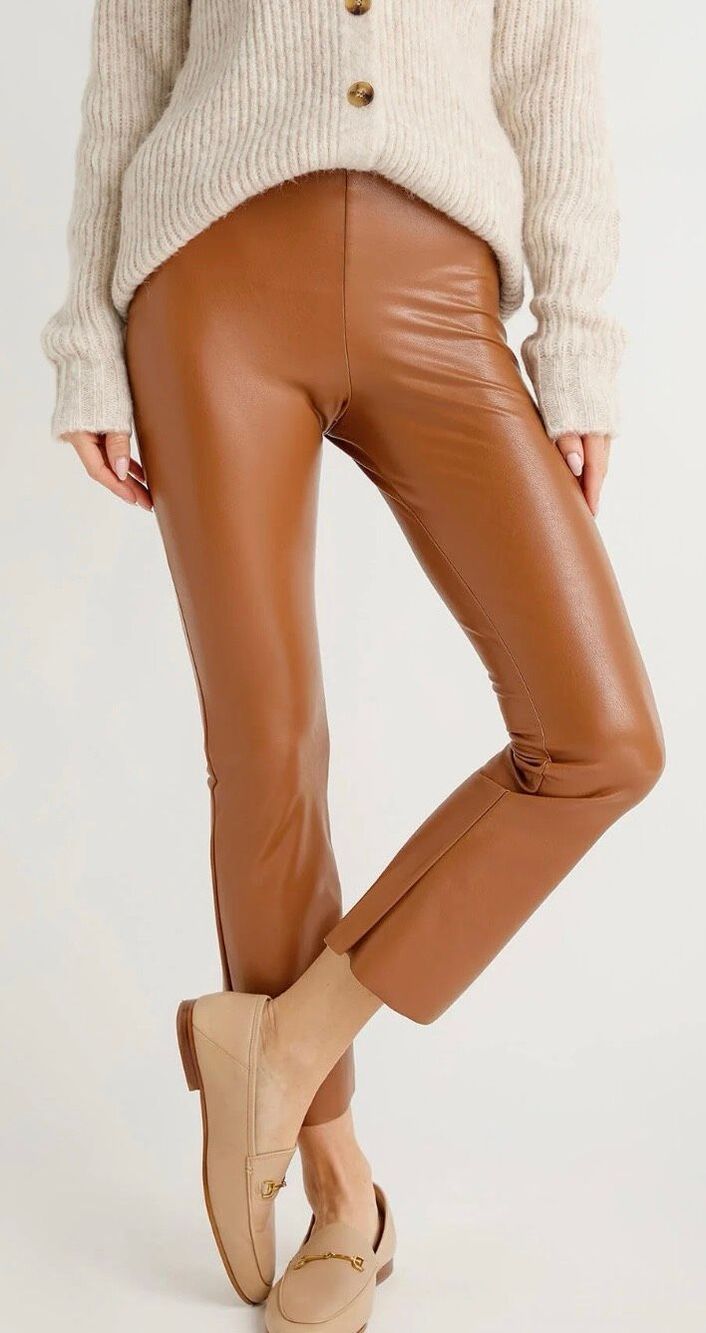 Commando Faux Leather Crop Flare Plant Size Medium Cocoa Brown High Rise Stretch